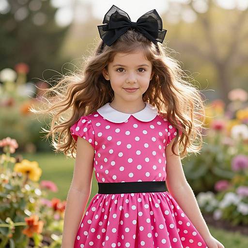 Photograph of a young girl with long brown hair, wearing a pink polka dot dress with white collar, black bow headband, and black belt