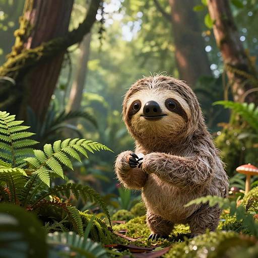 CGI image of a cute, fluffy sloth with a friendly smile holding a small object, standing in a lush, sunlit forest.
