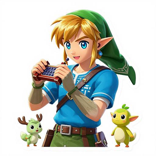 Digital illustration of Link from Zelda, blond, blue shirt, green hat, holding Game Boy, with green and yellow Epona-like creatures.