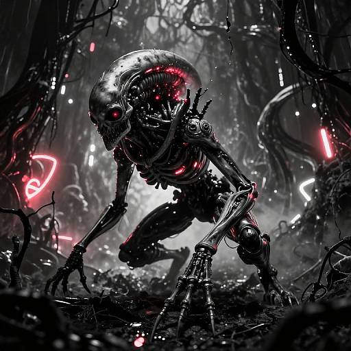 Digital artwork of a glowing, menacing alien creature with a long, curved head, crouching in a dark, eerie forest with red neon lights and