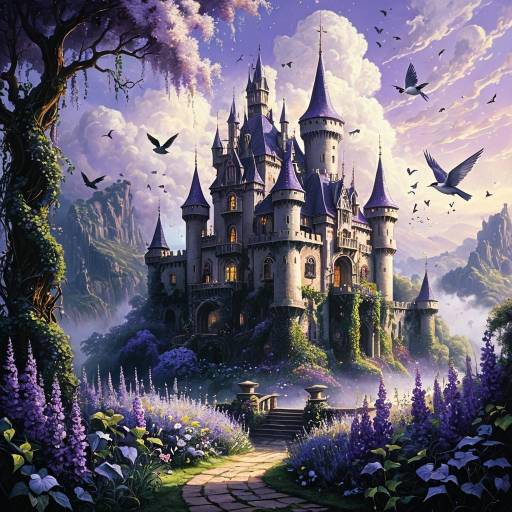 Majestic Fantasy Castle in Blooming Garden