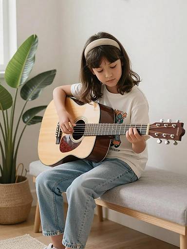 Girl Practicing Guitar in Cozy Room