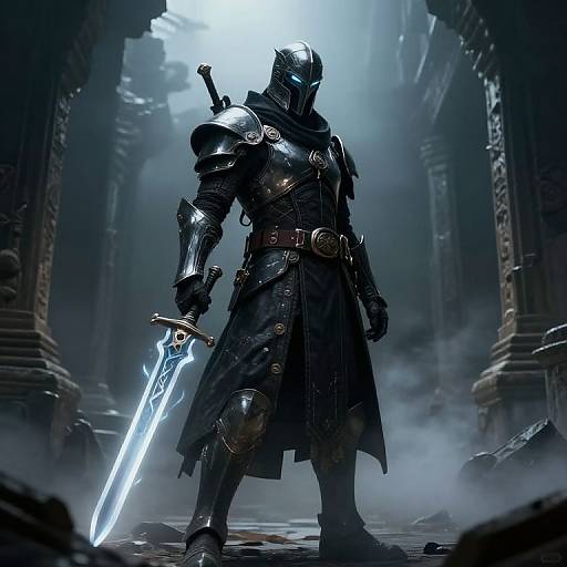 Dark, armored warrior with glowing sword stands in misty, ruined temple. Detailed steel armor, helmet, and long black cloak; eerie, blue-l