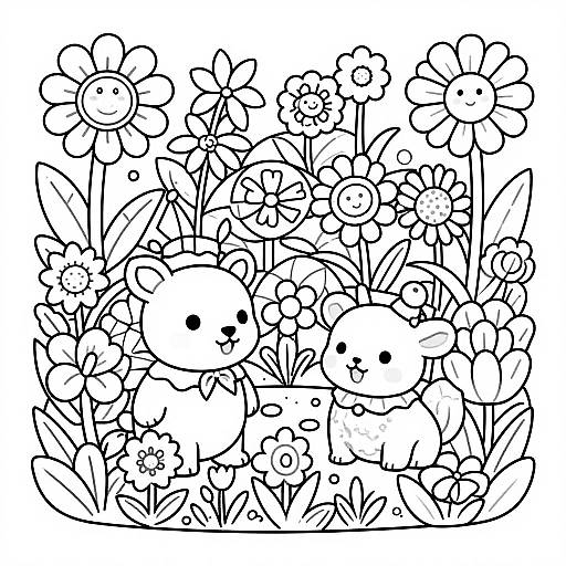 Black and white line drawing of cute, cartoon-style flowers and rabbits in a dense, cheerful floral arrangement, with simple, playful designs.
