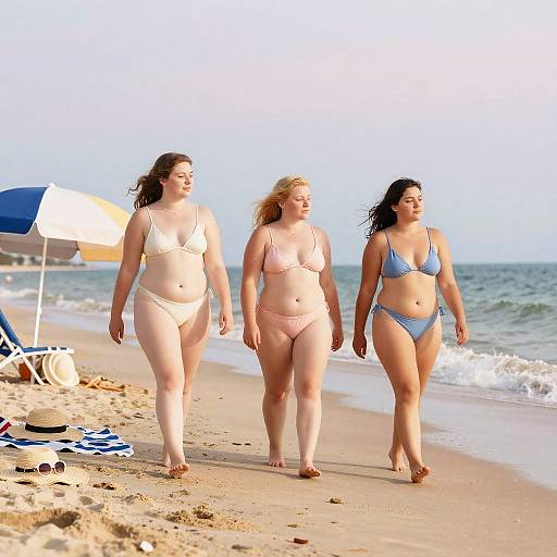 Photograph of three plus-size women in bikinis, walking on a sandy beach with ocean waves, and a blue-and-white umbrella in the background.