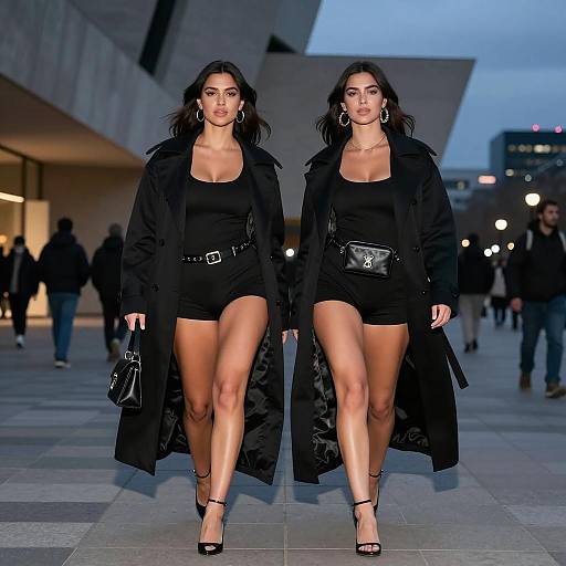Stylish women walking in black monochrome outfits