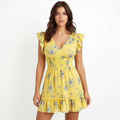 Photograph of a dark-haired woman wearing a yellow, floral-patterned V-neck, short-sleeve dress with ruffled hem, standing against a