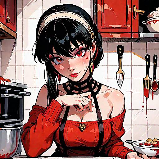Yor Briar in A Bloodied Kitchen Scene