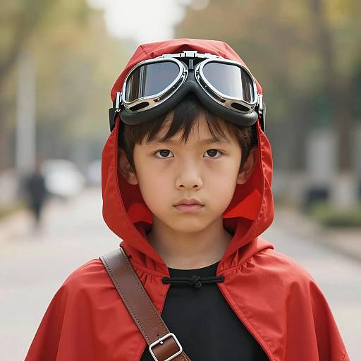 Boy in Red Hooded Cloak with Aviator Goggles