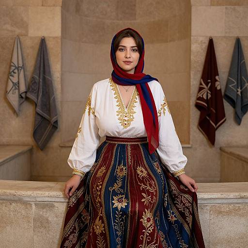 Photograph of a young woman with medium skin tone, dark hair, and brown eyes, wearing a white embroidered blouse, red and blue headscarf