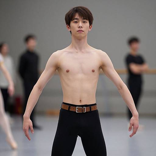 Photograph of a slim, shirtless Asian male model with short black hair, wearing black pants and a brown belt, standing in a blurred ballet studio