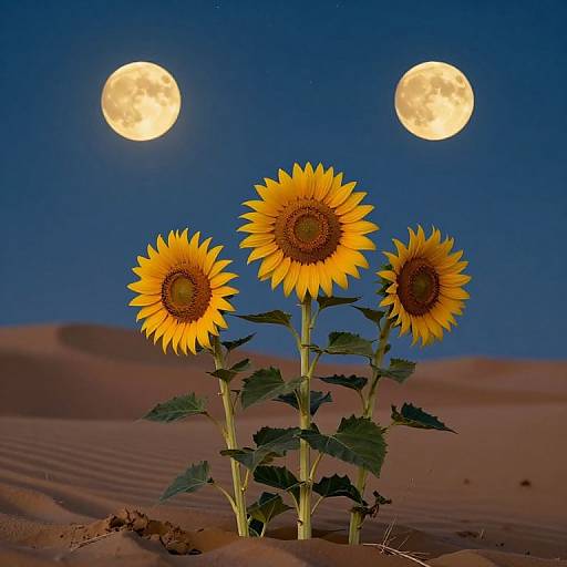 Photograph of three bright yellow sunflowers with green leaves standing in a desert, illuminated by two full moons in a dark blue night sky.