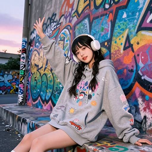 Photograph of an Asian woman with black hair, wearing a gray hoodie with colorful patches, white headphones, sitting on a graffiti-covered wall, waving at