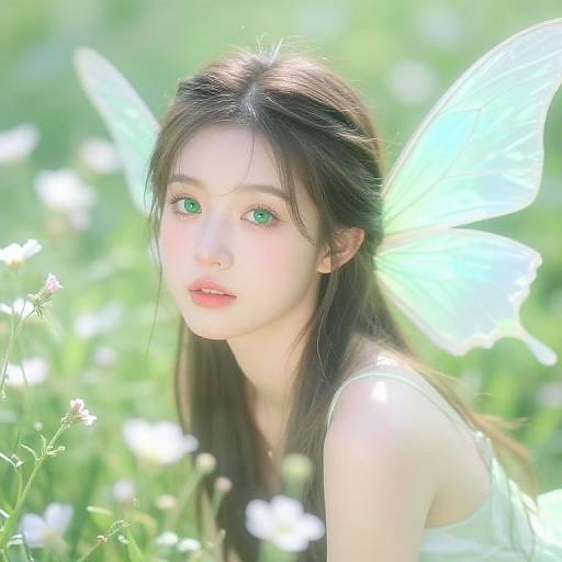 Photograph of an ethereal young woman with green eyes, long brown hair, and delicate white butterfly wings, surrounded by glowing white flowers in a sun