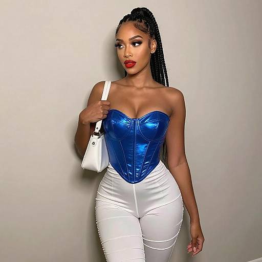Confident Woman in Blue Corset and Braids
