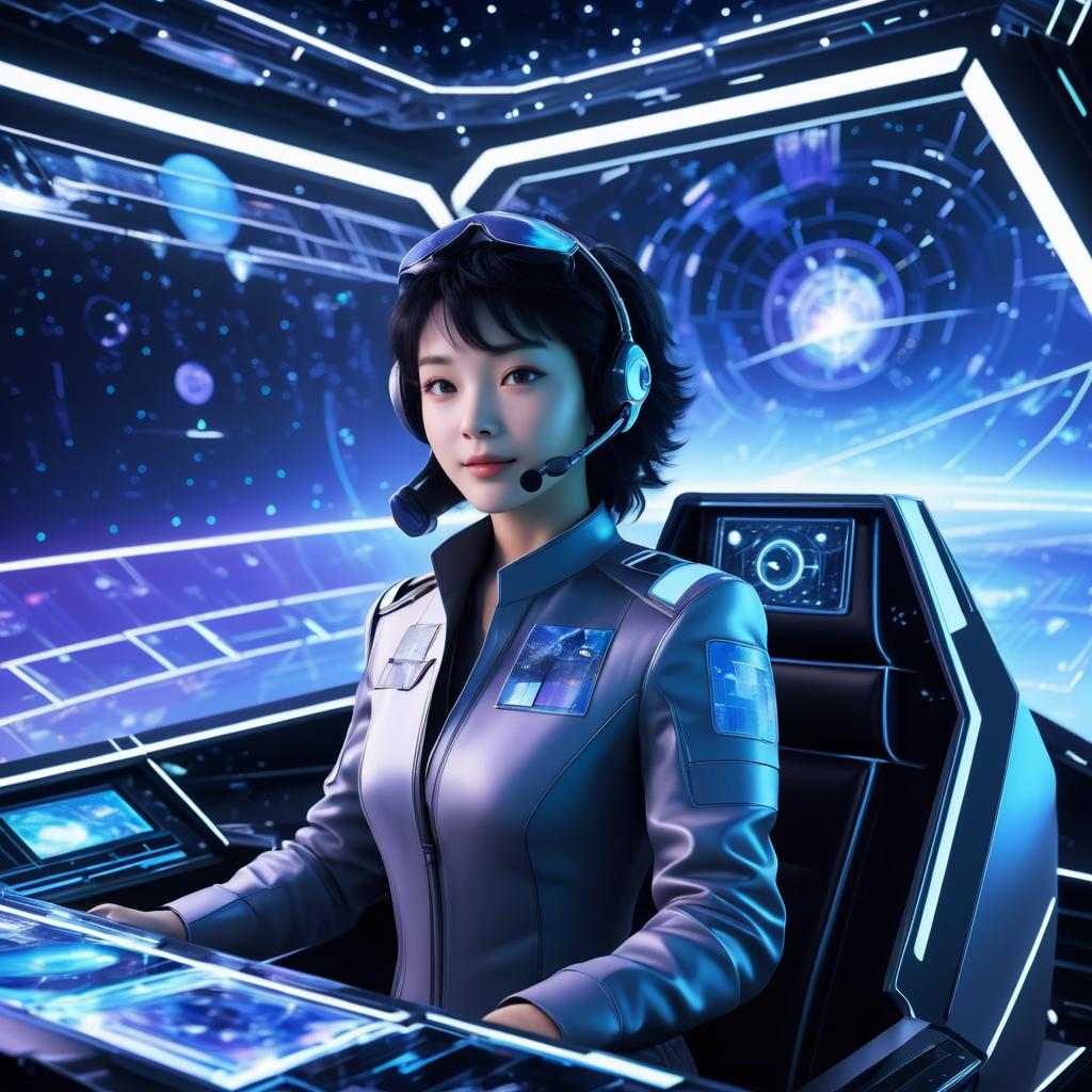 Futuristic Pilot in Holographic Cockpit