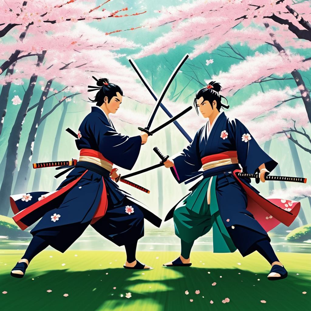 Epic Samurai Duo in Cherry Blossom Duel