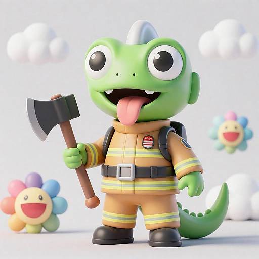 Happy Lizard Firefighter Character