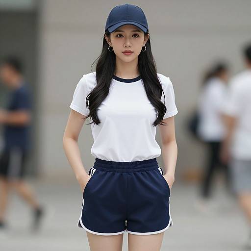 Photograph of an Asian woman with long black hair, wearing a navy cap, white t-shirt, and navy shorts, standing confidently outdoors with blurred background