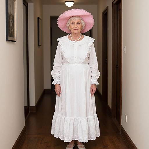 Photograph of an elderly white woman with short gray hair, wearing a white lace dress and a large pink sunhat, standing in a dimly lit