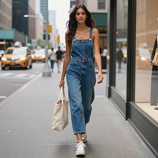 Woman Walking in Denim Jumpsuit on City Sidewalk