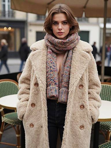 Photograph of a brunette woman with short hair, wearing a beige fur coat, multicolored scarf, and black pants, standing outdoors at a café