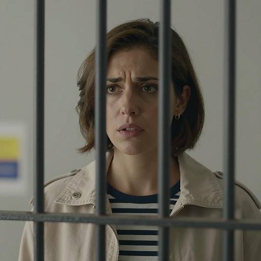 Concerned Woman Behind Black Metal Bars