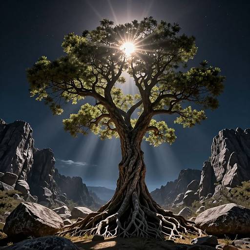 Photographic CGI of a majestic tree with exposed roots, sun rays shining through its green leaves, set against a dark, rocky landscape.