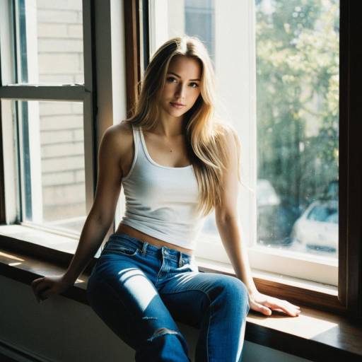 Young Woman Sitting by Window in Casual Outfit