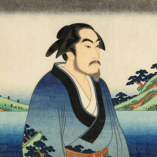Hokusai-Style Stoic Fisherman Merged With Landscape