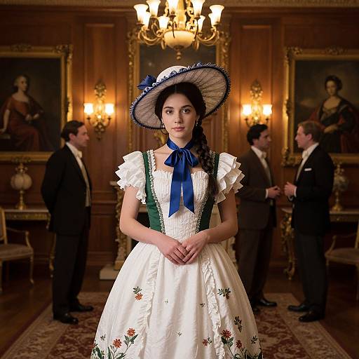 Photograph of a young woman in a white, ruffled, floral-embroidered dress with a blue ribbon and hat, standing in an op