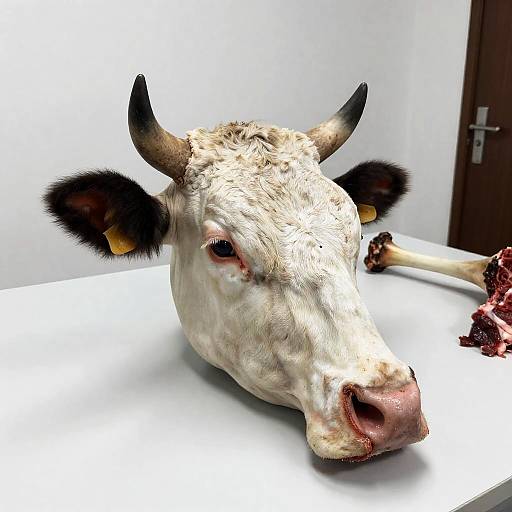 Raw Butchered Cow's Head on Table