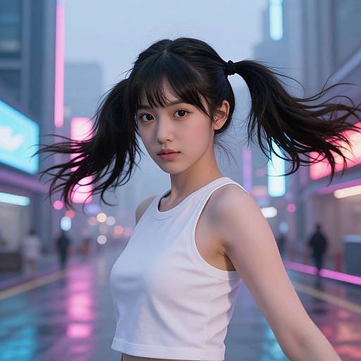 Digital art of an Asian woman with black pigtails, wearing a white tank top, standing in a neon-lit, rainy city street at dusk