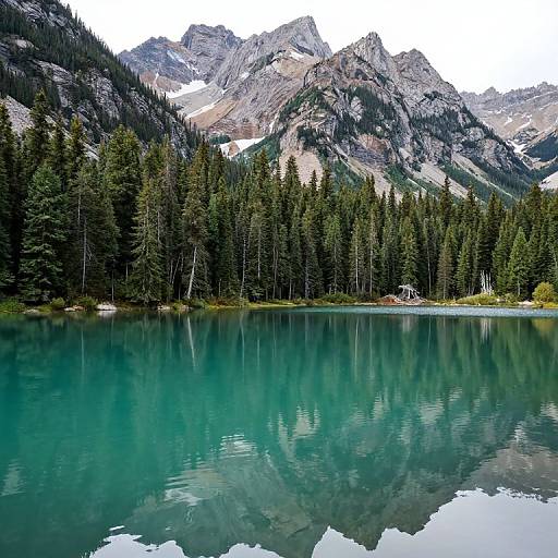 Photograph of a serene mountain lake with clear turquoise water, reflecting dense evergreen forest and rugged, snow-capped peaks in the background.