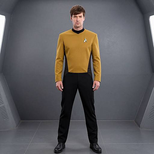 Photograph of a young man with short brown hair, wearing a mustard yellow Starfleet uniform with black pants, standing in a gray, futuristic room.