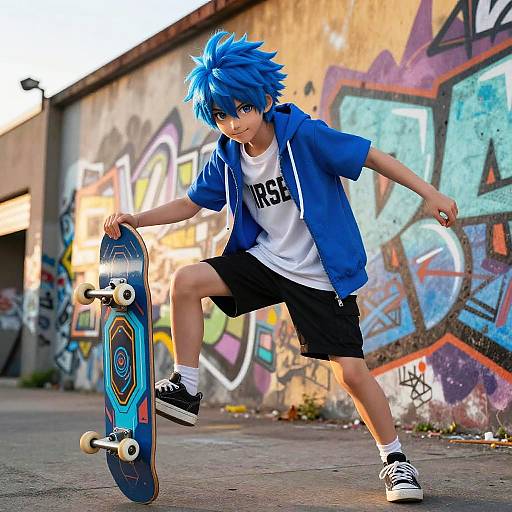 Energetic Blue-Haired Anime Skateboarder