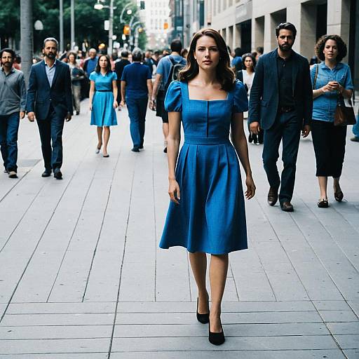 Photograph of a young woman with long brown hair, wearing a blue dress and black heels, walking confidently in a bustling city street, surrounded by people
