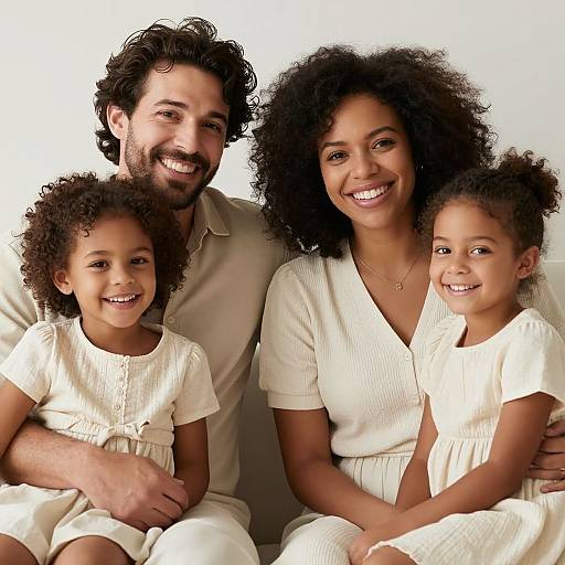 Photograph of a bearded, dark-haired man and a curly-haired woman with two curly-haired children, all smiling, wearing white outfits, sitting closely