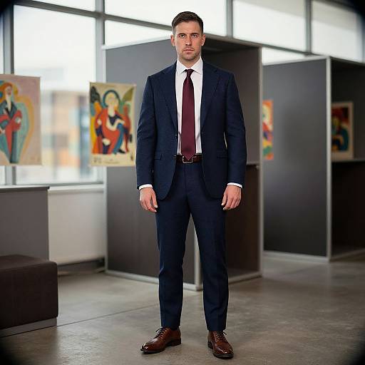 Photograph of a handsome, dark-haired man in a navy suit, white shirt, and maroon tie, standing in a modern art gallery with colorful