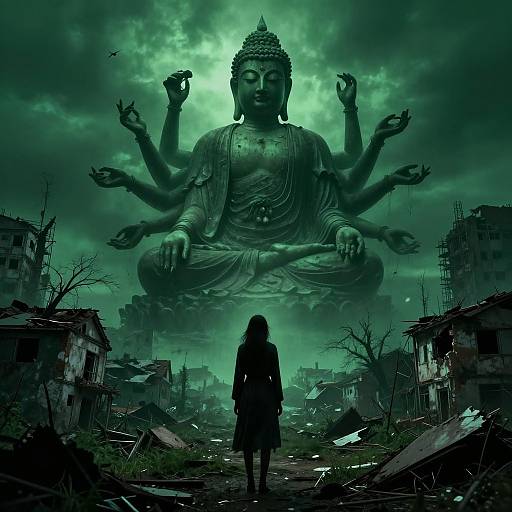 Digital art: Silhouetted figure faces massive, multi-armed Buddhist statue with green-tinted sky, ruined buildings, and debris in foreground