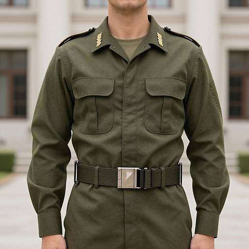 Photograph of a man in a military-style green uniform with black belt, gold insignia, and two chest pockets, standing in front of a white