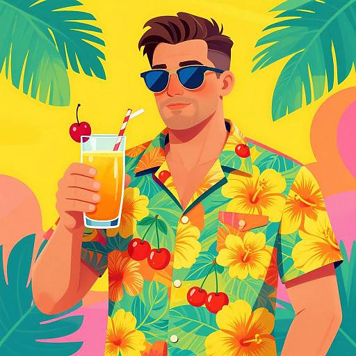 Vibrant digital illustration of a muscular man with short brown hair, blue sunglasses, and a floral Hawaiian shirt, holding a glass of orange drink with
