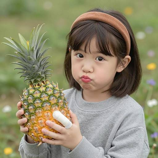 Young Girl Holding Pineapple Outdoors