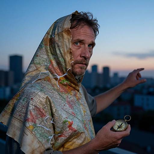 Photograph of a bearded man with a torn map hood, holding a pocket watch, pointing towards a city skyline at dusk.