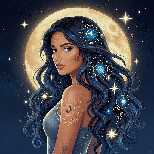 Digital art of a beautiful woman with long blue hair, glowing stars, and zodiac symbols, standing against a bright full moon.