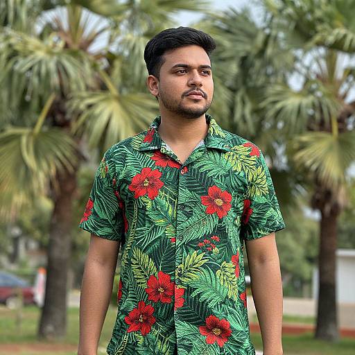Man in Green Floral Shirt by Palms