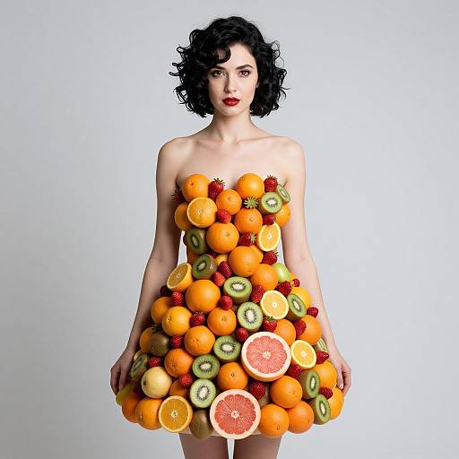 Photograph of a pale-skinned woman with short black curly hair wearing a strapless dress made of various colorful fruits like oranges, kiwis, and