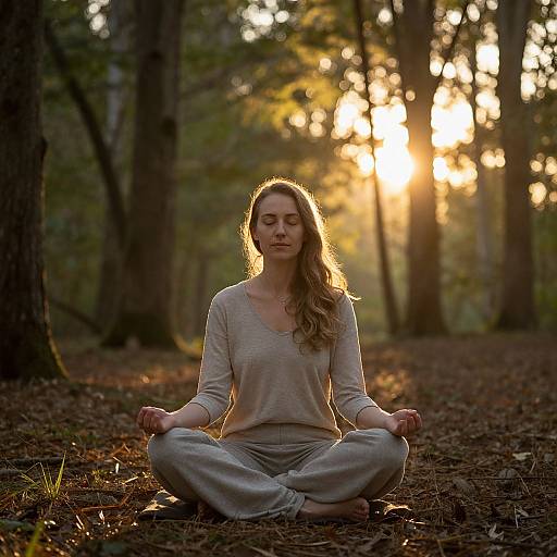 Photograph of a serene woman with long blonde hair, wearing a light grey top and pants, meditating in a sunlit forest.