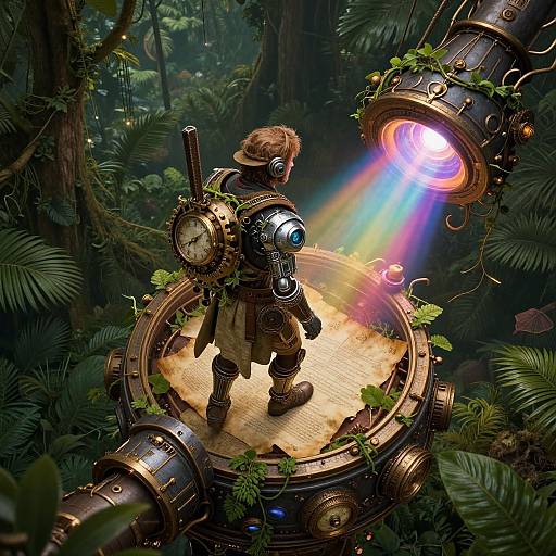 Steampunk adventurer with goggles and mechanical armor, shooting a vibrant rainbow laser from a jungle-hugging, gear-filled, floating platform in a lush,