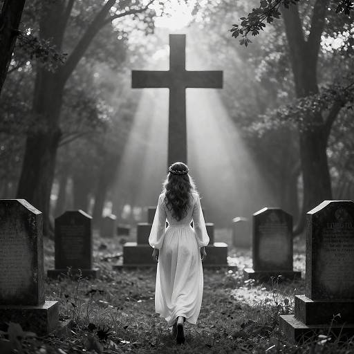  ethereal woman in gown at graveyard